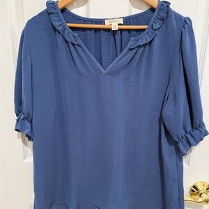 Tamara H Women's Blue Ruffle Neck Blouse